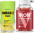 Vegan Iron Gummies + Vegan Omega-3 | Iron Supplement Support Blood Healthy &amp Daily Energy for Adults &amp Kids | Algae Omega-3 DHA Supplements for Brain Heart Eyes Health- 90 Count