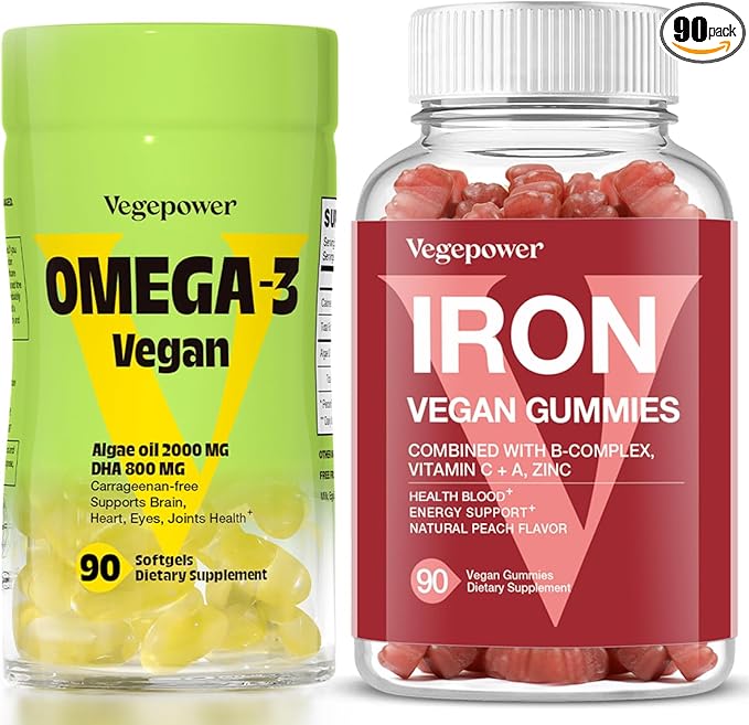Vegan Iron Gummies + Vegan Omega-3 | Iron Supplement Support Blood Healthy &amp Daily Energy for Adults &amp Kids | Algae Omega-3 DHA Supplements for Brain Heart Eyes Health- 90 Count