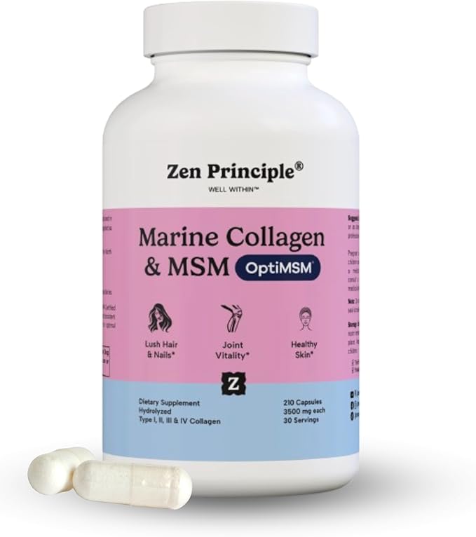 Zen Principle Marine Collagen Peptides Powder with OptiMSM® Supplement. Clinically Tested for Skin Support. Wild-Caught Fish Non-GMO. 210 Capsules.