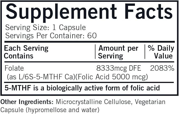 Kirkman 5-MTHF ([6S]-5-Methyltetrahydrofolate) 5 mg - Hypoallergenic | 60 Vegetarian Capsules
