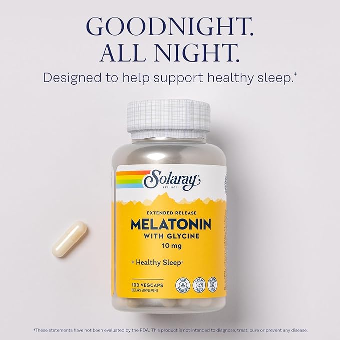 SOLARAY Melatonin 10mg with Glycine - Extended Release Healthy Sleep Aid and Calming Relaxation Support - Lab Verified Vegan Gluten Free 60-Day Guarantee - 100 Servings 100 VegCaps