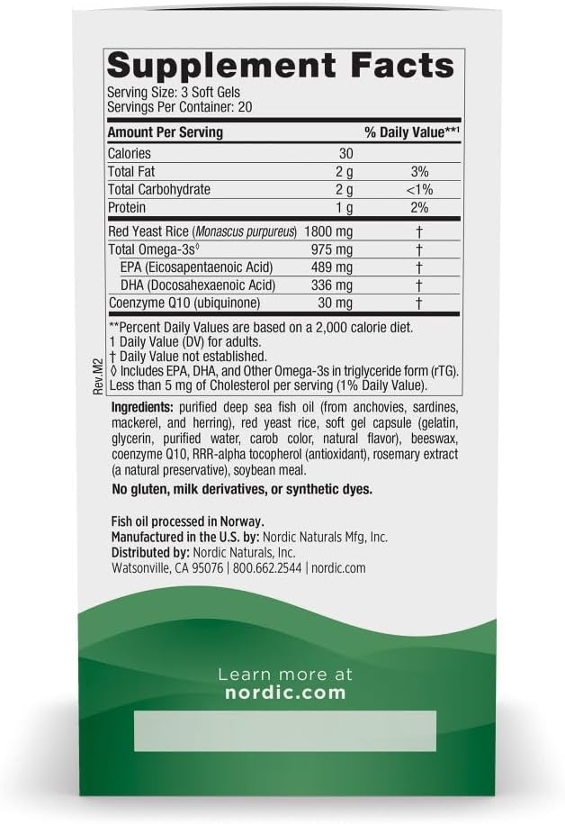 Nordic Naturals Cholesterol Support Lemon - 60 Soft Gels - 975 Omega-3 + Red Yeast Rice &amp CoQ10 - Normal Cholesterol Antioxidant Support - EPA &amp DHA - Non-GMO - 20 Servings