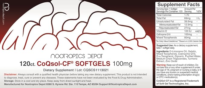 Nootropics Depot CoQ10 Capsules | CoQsol-CF CoEnzyme Q10 Softgels | 100mg | 120 Count | Supports Cardiovascular Health Brain Wellness and Cellular Function