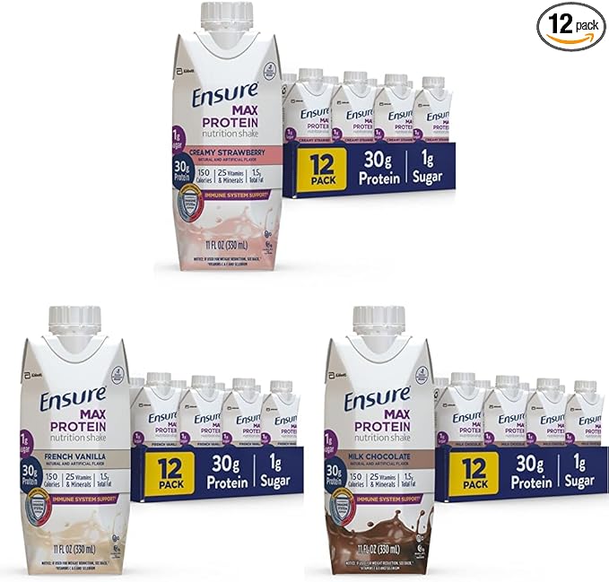 Ensure Max Protein Nutrition Shake 11 fl oz 12 Count &amp Max Protein Nutrition Shake 11 fl oz (Pack of 12) &amp Max Protein Nutrition Shake with 30g of Protein 1g of Sugar 11 Fl Oz (Pack of 12