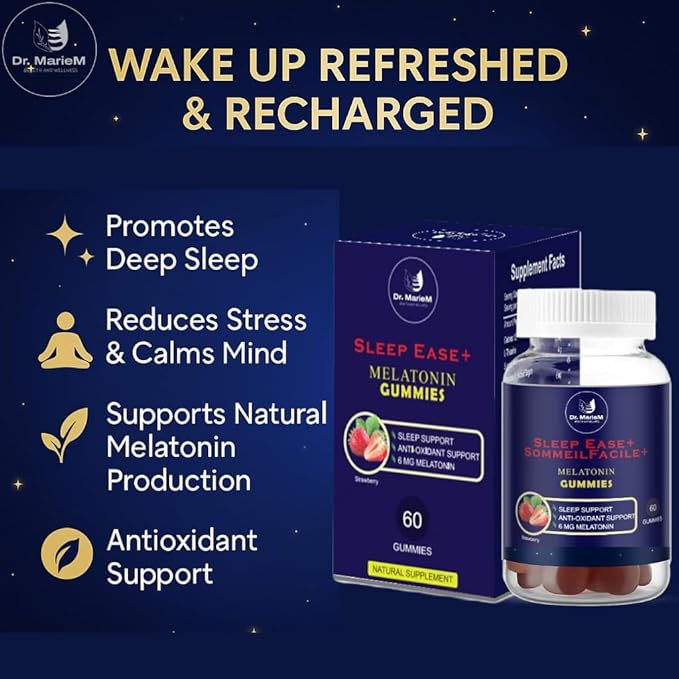 Sleep Ease+ Melatonin Gummies – 6 mg Melatonin for Deep Restful Sleep and Relaxation – Antioxidant Support – Strawberry Flavor – 60 Gummies