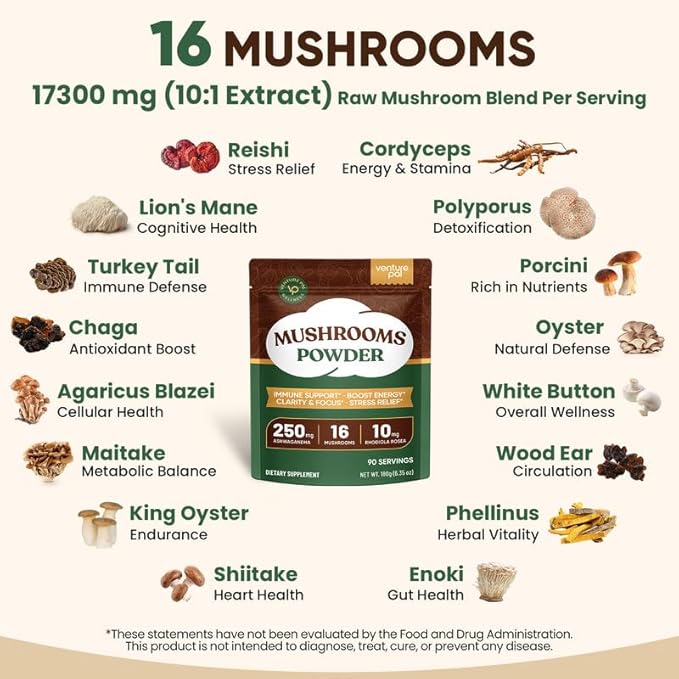 Venture Pal Mushroom Powder &amp Magnesium Glycinate Gummies Bundle -16 Mushroom Adaptogen Blend with Ashwagandha &amp Lion's Mane (90 Servings) + 60 Day Supply Magnesium Glycinate Gummies with Ashw