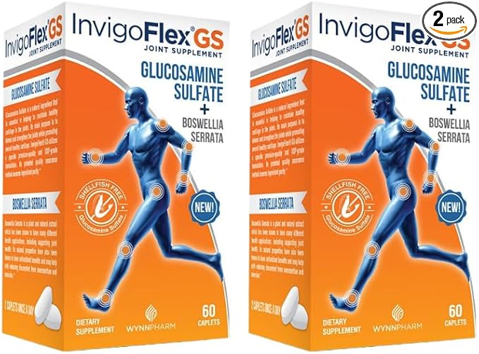 INVIGOFLEX Glucosamine Sulfate (Shellfish Free Sodium Free &amp Vegetarian Safe) Non GMO Gluten Free - with Boswellia Serrata - Premium Joint Supplement GS - 2 Pack