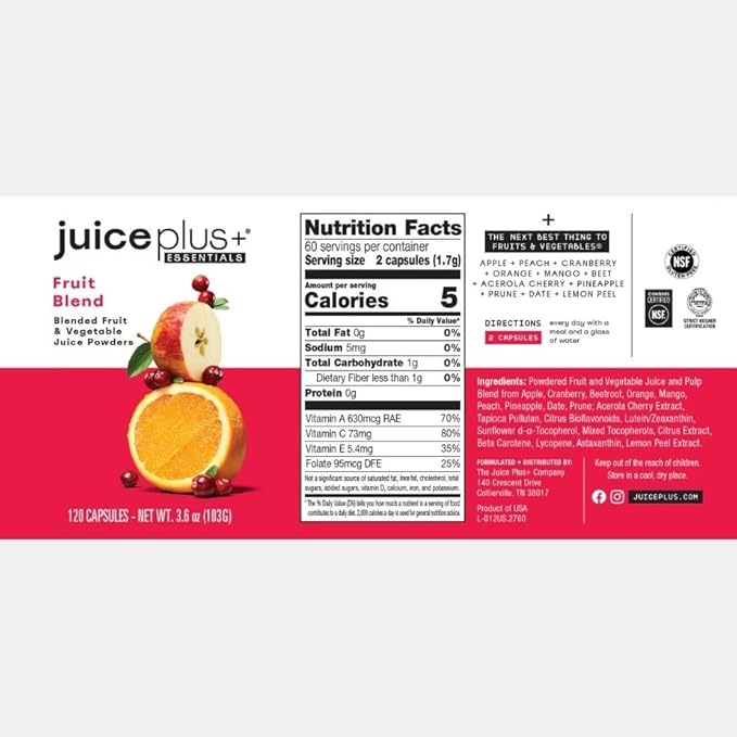 JuicePlus+ Fruit and Vegetable Blend: for Solid Nutritional Foundation - Boost Family's Health with 20 Fruits &amp Veggies Plus Plant Nutrients - Prepacked 2 Bottles (60 Servings of Fruit 60 of Veg)