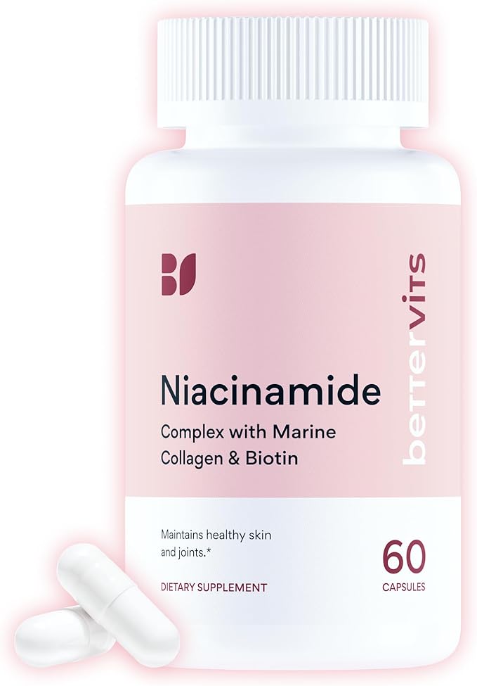 Bettervits Niacinamide Supplement with Vitamin B3 Marine Collagen &amp Hyaluronic Acid | High-Strength Vitamin B3 Capsules 300 mg. with Turmeric for Energy Metabolism &amp Skin Support - 60 Capsule