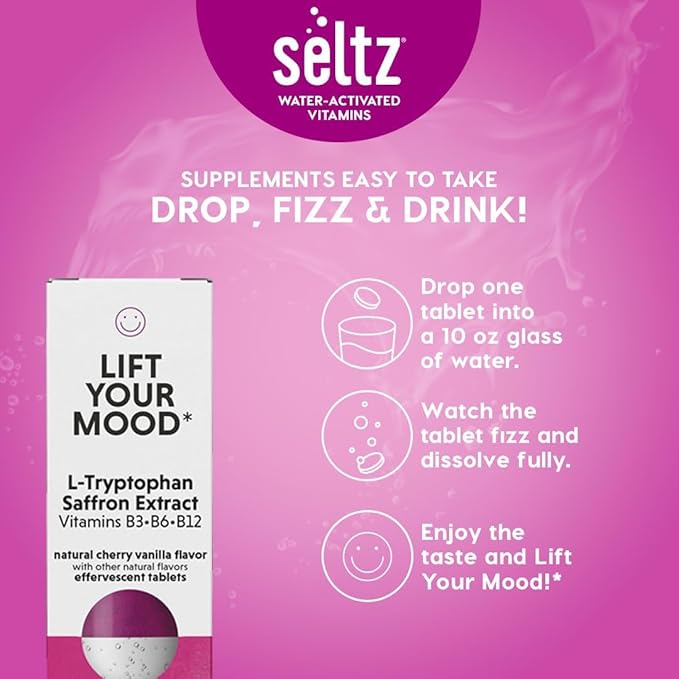 Seltz® Lift Your Mood – Effervescent Vitamins for Mood Support &amp Energy with L-Tryptophan Saffron Extract &amp B Vitamins (B3 B6 B12) – Cherry Vanilla Flavor No Sugar Added 20 Tablets (Pack