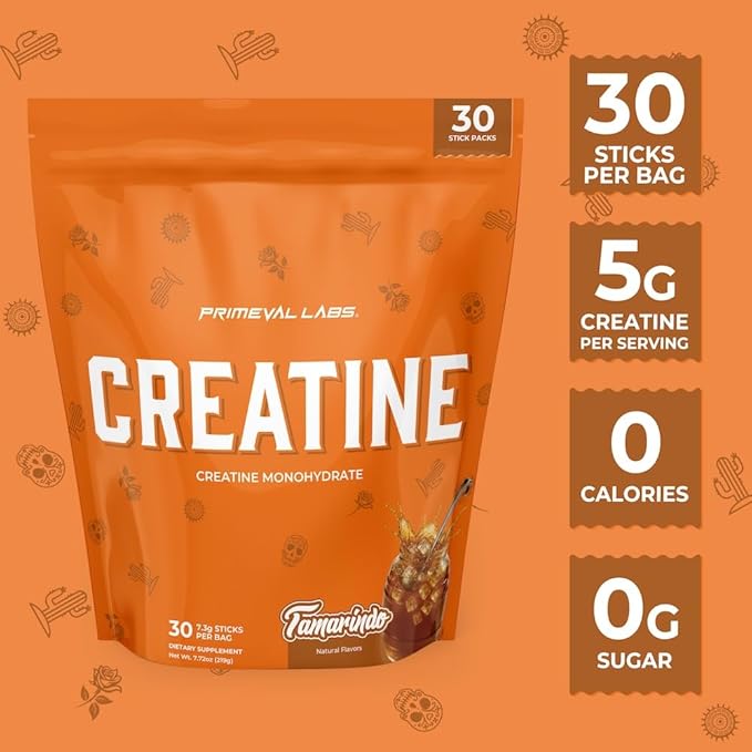 Primeval Labs Clean Creatine Monohydrate Powder | Flavored Powder for Muscle Strength &amp Recovery | Latin Aqua Fresca Flavors | Workout Supplement for Men &amp Women | 30 Servings | Tamarindo