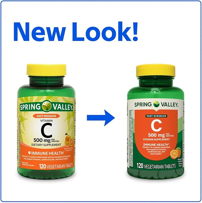 SUREFECT Spring Valley Vitamin C 500 mg Fast Dissolve Tablets Orange Flavor Dietary Supplement 120 Count Organizer.