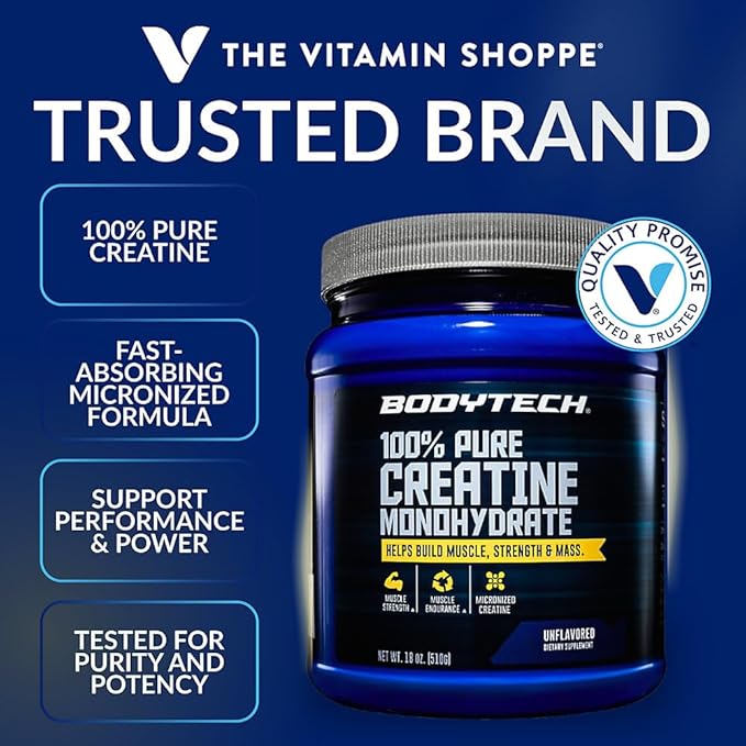 BodyTech Creatine Monohydrate Powder Unflavored Micronized Creatine Formula for Men and Women 5g per Serving Pre Workout &amp Post Workout Supplement Gluten Free Sugar Free 18 Oz 102 Servings