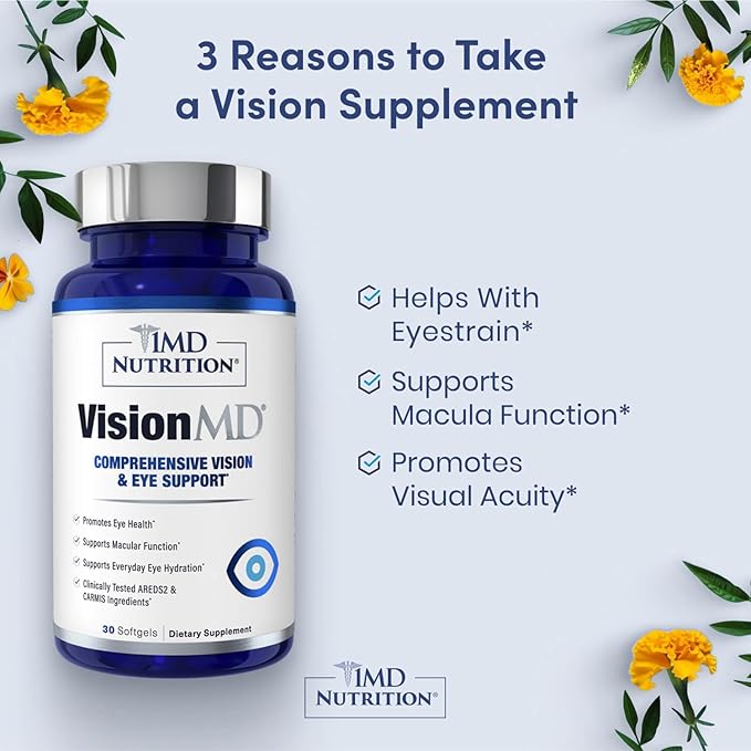 1MD Nutrition VisionMD Eye Vitamin CARMIS - Eye Supplement for Adults - with OptiLut Lutein &amp Zeaxanthin - Supports Vision Health Care Everyday Eye Strain &amp Occasional Dry Eye - 30 Softgels