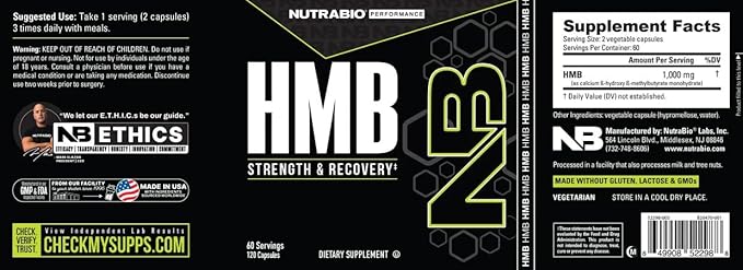 NutraBio HMB Supplement Amino Acid 1000mg 120 Capsules
