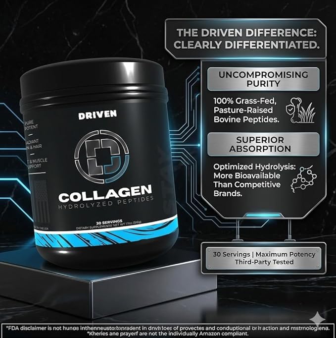 Driven Nutrition Collagen Peptides Powder Hydrolyzed Type I &amp III Grass-Fed Pasture-Raised Bovine Unflavored 510g (30 Servings) Hair Skin Nails Joint &amp Recovery Support for Women &amp Me