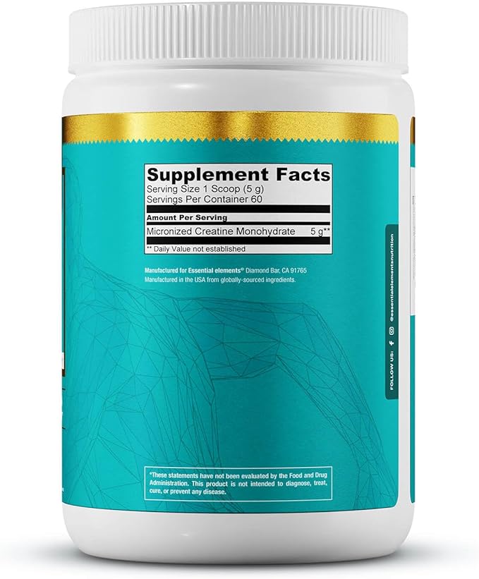 Essential Elements Micronized Creatine Monohydrate Powder for Men &amp Women - Unflavored &amp Easily Dissolved - 60 Servings (2 Pack)
