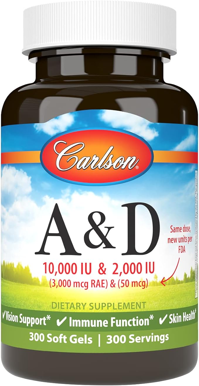 Carlson - A &amp D 10000 IU (3000 mcg RAE) Vitamin A 2000 IU (50 mcg) Vitamin D Vision Support Skin Health 300 Softgels