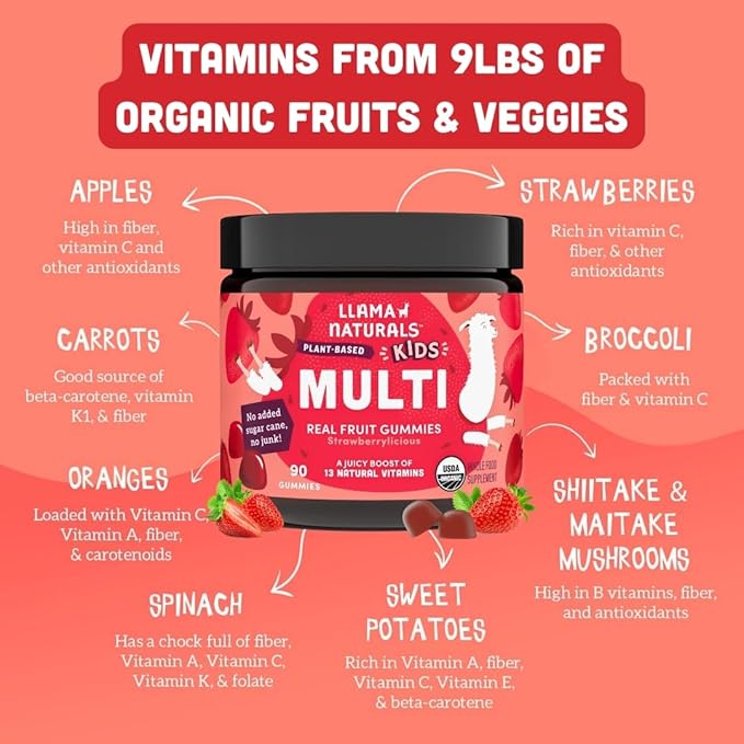 Llama Naturals Kids Multivitamin and Probiotic and Prebiotics Bundle Vegan Organic Gut Health and Immune Support Gummies Real Fruit Gummy Vitamins No Added Sugar Cane 2 Bottles 30 Day Supply