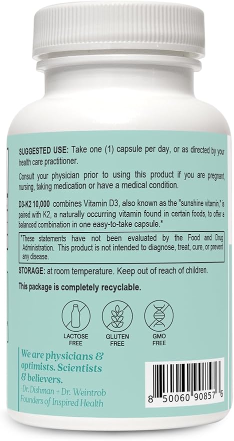 LUMINSPIRED HEALTH Vitamin D3 K2 10000 IU (250 mcg) High Potency Dietary Gluten Free Vitamin Supplements for Healthy Bones Muscles Immune Support &amp Heart Health Non-GMO - 60 Counts Vegan Capsu