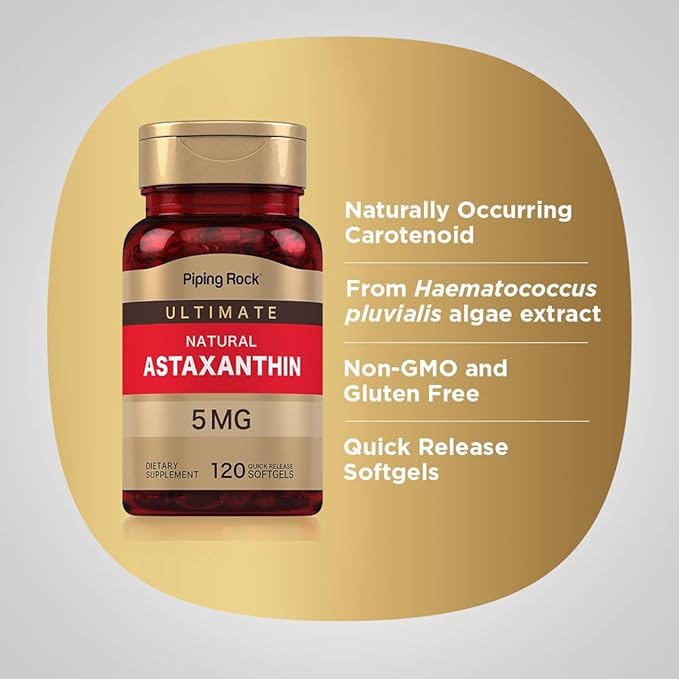 Piping Rock Astaxanthin Supplement 5mg | 120 Softgel Capsules | from Haematococcus Pluvialis Algae Extract | Non-GMO Gluten Free