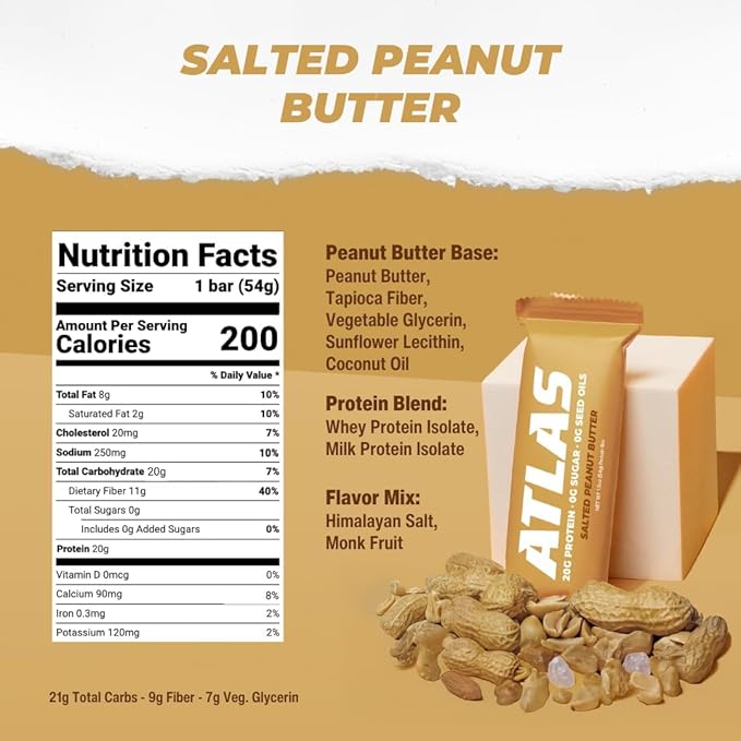 Atlas Real Food Protein Bar – 20g Clean Protein 1g Sugar No Seed Oils No Artificial Sweeteners (Variety 12 Count)
