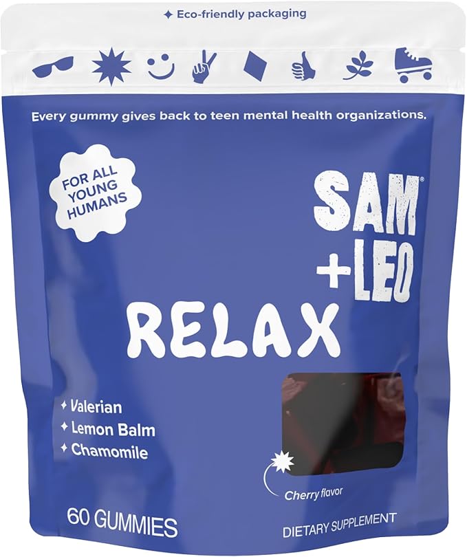 SAM+LEO Relax Gummies with Valerian Lemon Balm &amp Chamomile for Kids &amp Teens – Stress Relief &amp Relaxation Support – Vegan &amp Gluten Free Cherry Flavor (60 Count)