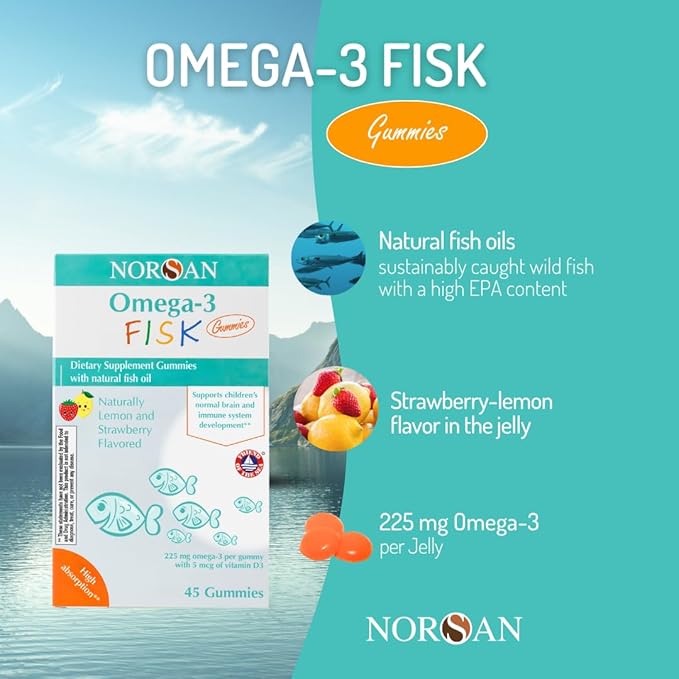 NORSAN Fisk Premium Omega-3 Kids Gummies 45pcs – High Dose 900mg Omega-3 per Serving | Easy to Consume and Without Unpleasant Regurgitation | No Added Sugar | Supports Heart Brain &amp Vision*