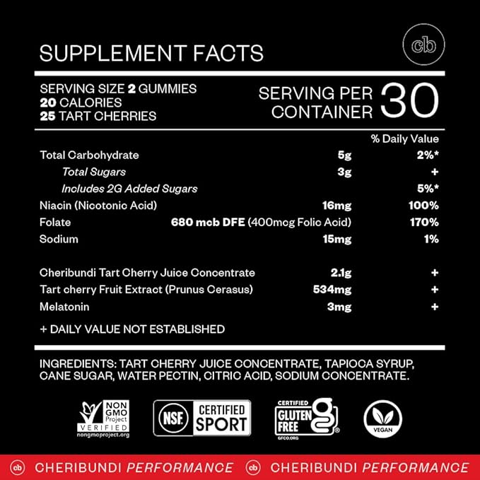 Cheribundi Tart Cherry Gummies Sleep | Performance for Maximum Recovery with 25 Tart Cherries | Powerful Antioxidant Support Non-GMO Gluten-Free Vegan | 20 Calories per Serving | 60 Count