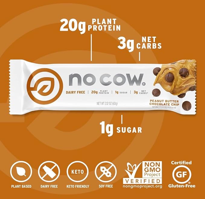 No Cow Vegan Protein Bars Upgraded Peanut Butter Variety Pack | 20g Plant Based Protein Gluten Free Dairy Free Soy Free Keto Friendly Low Sugar High Fiber Snack Bars | Pack of 12