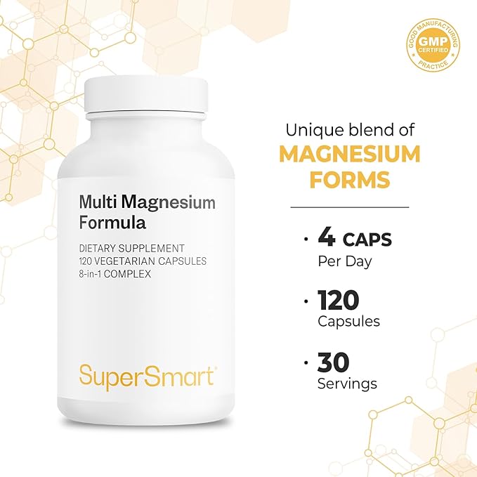 SuperSmart Multi Magnesium Formula (Previously Optimag) - Full Spectrum 8 Active Forms - Fight Magnesium Deficiency | Non-GMO &amp Gluten Free - 120 Vegetarian Capsules
