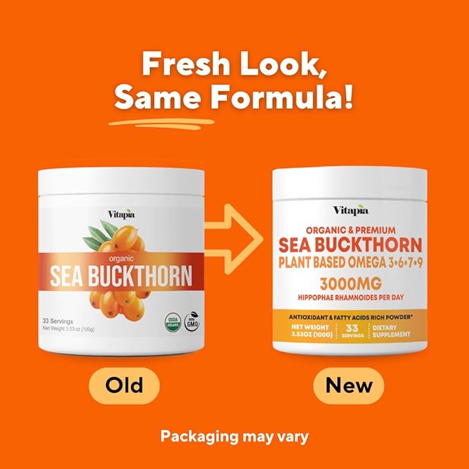Organic Sea Buckthorn Extract Powder with Natural Omega 7 &amp Omega 3 6 9 for Heart Health Skin Immune Support - 100g Powder Supplement &amp 33 Day Supply - Non-GMO Gluten-Free Vegan-Friendly