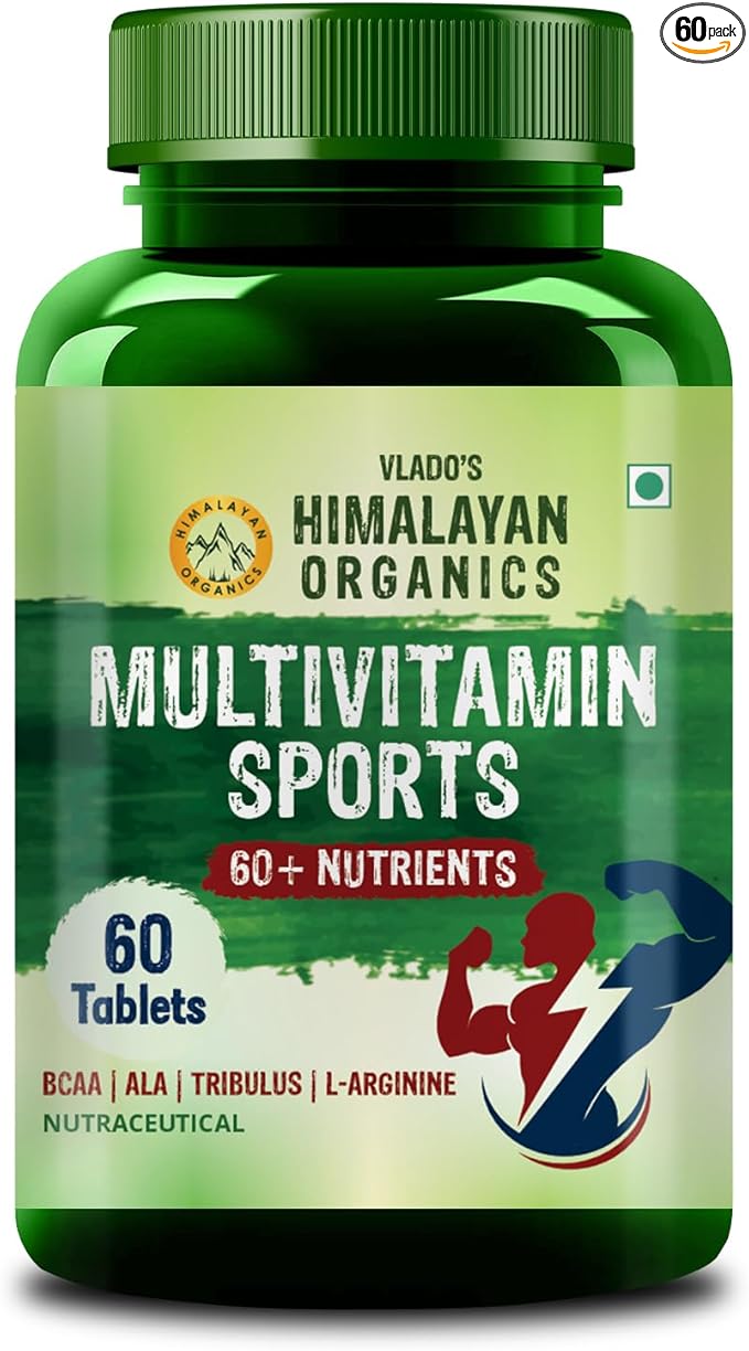Himalayan Organics Organics Multivitamin Sports with 60+ Nutrients | Vitamin B1B2B3B5B6B12AECDKBiotinCalciumZinc | Good for Brain Eye Muscle &amp Joint Care - 60 Veg Tablets