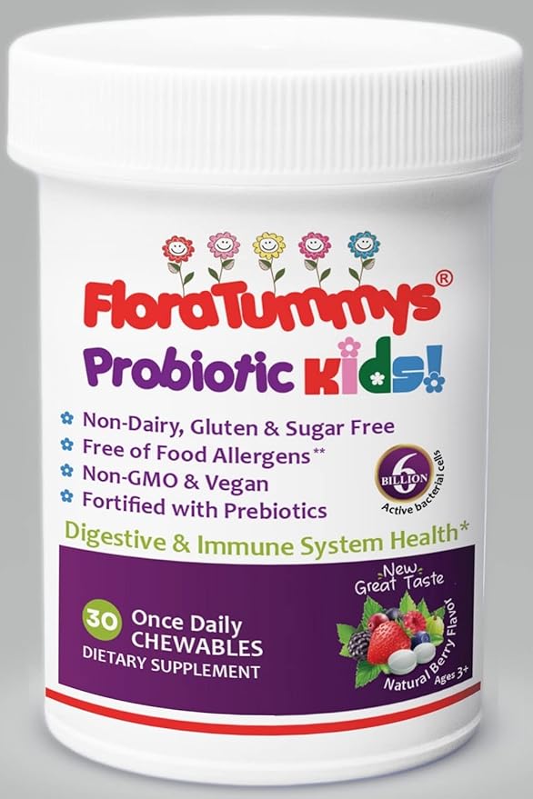 FloraTummys Kids Chewable Probiotic Prebiotics: Non-Dairy Gluten &amp Sugar-Free Peanut &amp Soy Free Non-GMO Tested &amp Free of Food Allergens Vegan Kosher Berry Flavor(1 Bottle)