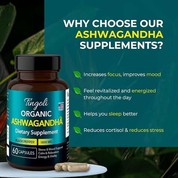 Organic Ashwagandha 1300mg with Black Pepper for Enhanced Absorption | Stress &amp Mood Support Calm &amp Relaxation Energy &amp Vitality | Vegan Non-GMO | 60 Capsules | Made in USA