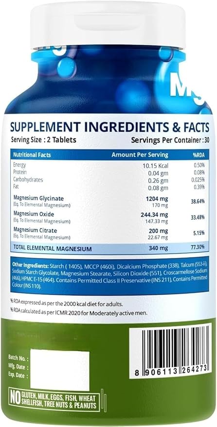 Magnesium Citrate + Glycinate 1648 mg Supplement for Men and Women - 60 Veg Tablets