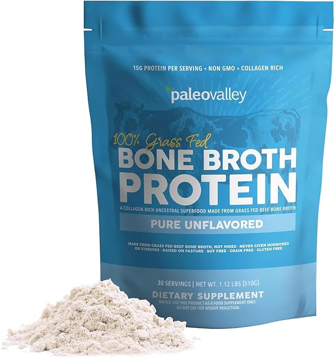 Paleovalley 100% Grass Fed Beef Bone Broth Protein Powder - Rich in Collagen Peptides for Hair Skin Gut Health Bone and Joint Support - 15g Protein Per Serving - No Gluten or GMOs