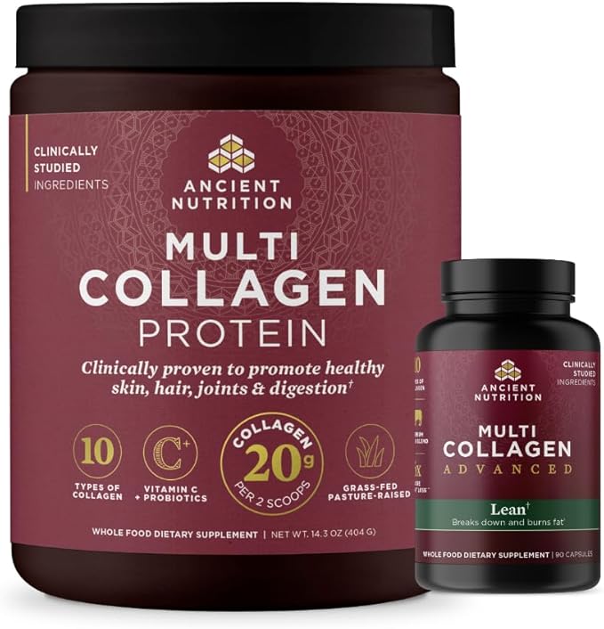 Ancient Nutrition Multi Collagen Advanced Lean Capsules 90 Count + Multi Collagen Protein Powder Unflavored 40 Servings