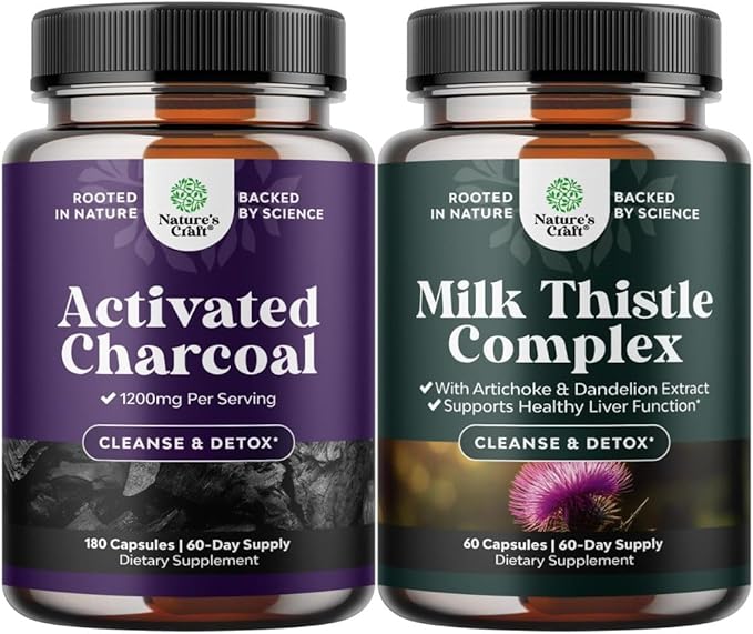 Bundle of Activated Charcoal Pills Detox &amp Cleanse - Purifying Coconut Capsules with 1200 mg Per Serving for Bloating Relief and Liver Support Milk Thistle Supplement for Liver Cleanse Detox &amp