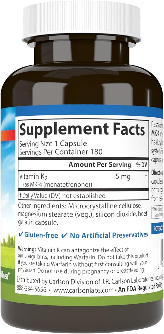 Carlson - Vitamin K2 MK-4 (Menatetrenone) 5 mg Vitamin K Supplement Bone Support K2 Vitamin Soy-Free Vitamin K-2 180 Capsules