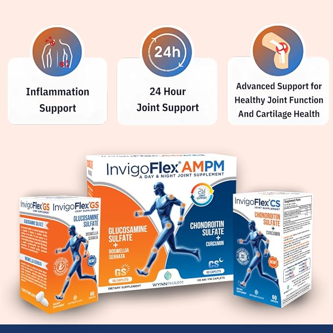 INVIGOFLEX® AMPM - Glucosamine &amp Chondroitin Sulfate - Turmeric Curcumin - Boswellia Serrata (Non GMO) for Knees Hands Back and Hip 24 - Hour Premium Joint Supplement