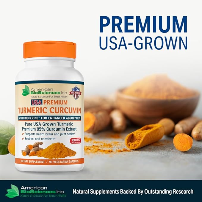 Pure USA Grown Premium Turmeric Curcumin with BioPerine 1500mg - 95% Standardized Curcuminoids &amp Black Pepper Extract for Enhanced Absorption - Natural Joint Support - 90 Capsules