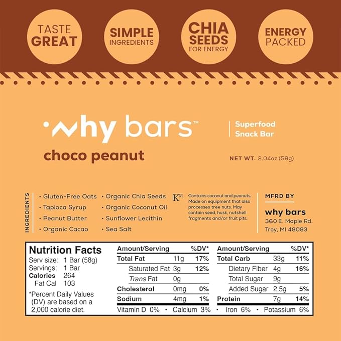 Why Bars Superfood Protein Bars 2.04 Ounce Bars - Protein Bar Superfood Gluten Free Non GMO Organic Vegan Simple Ingredients (Chocolate Peanut Butter)