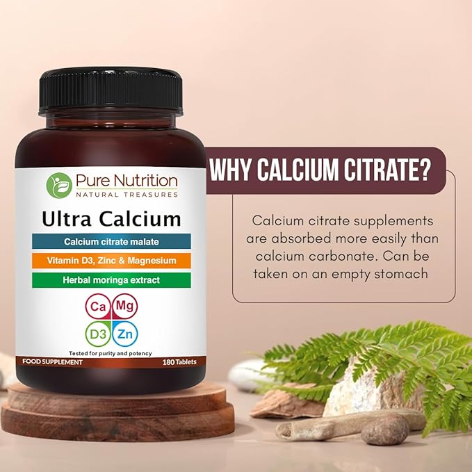 Pure Nutrition Ultra Calcium Citrate 1000mg Highly absorbable Calcium Supplement with Calcium Citrate Malate Vitamin D Zinc and Magnesium - 1 Tablet Daily (180 Veg Tabs) Non-GMO | Gluten-Free