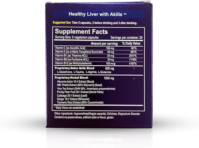 Akilis Liver Support Pills (100 Vegi Caps 33 Doses) – Boosts Recovery After Drinking for Better Mornings with Hovenia Dulcis (DHM) Milk Thistle Prickly Pear 16 Ingredients