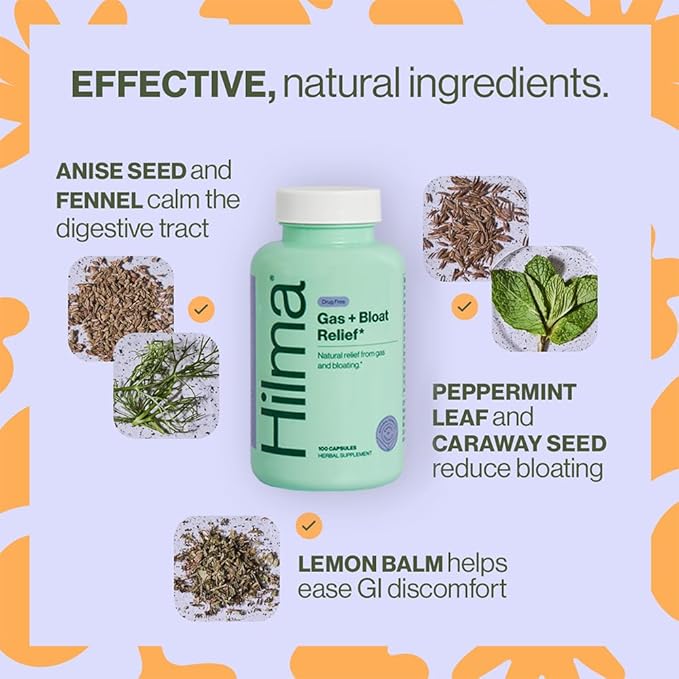 Hilma Natural Gas and Bloating Relief with Lemon Balm Fennel &amp Peppermint Leaf Doctor Formulated with Organic Ingredients 100 Vegan Capsules