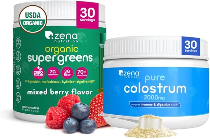 Zena Nutrition Organic Supergreens Greens Powder 70+ Superfoods + Pure Colostrum Powder 2000mg Supplement Supports Immune and Digestive Health