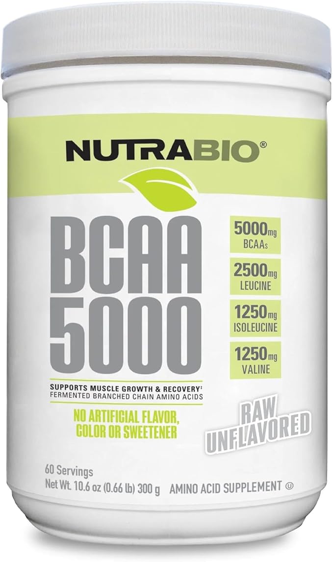 NutraBio BCAA 5000 Powder - Fermented Branched Chain Amino Acids for Muscle Growth &amp Recovery - Natural Flavors Sweeteners and Coloring Vegan Gluten Free - Unflavored 60 Servings
