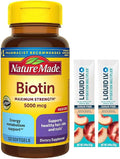 Nature Made Biotin Maximum Strength 5000 MCG - Hair Skin and Nails Support - 180 Softgels Plus Bonus 2 Sugar Free White Peach Hydration Sticks