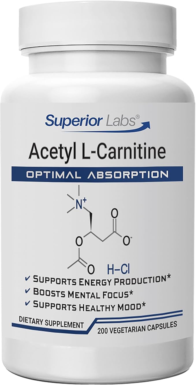 Superior Labs Acetyl L-Carnitine 500 mg High Potency ALCAR Pure Non-GMO Zero Synthetic Additives Maximum Absorption Energy &amp Fat Metabolism Brain Nerve &amp Cellular Detox Support (200 Ve